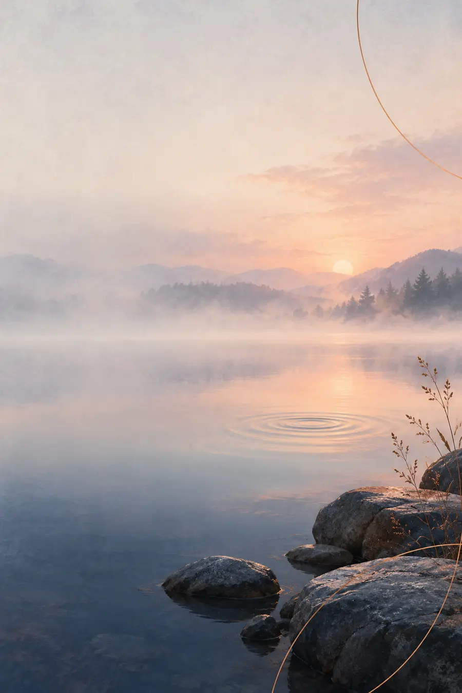 Lago sereno al amanecer, símbolo de pausa y escucha interior